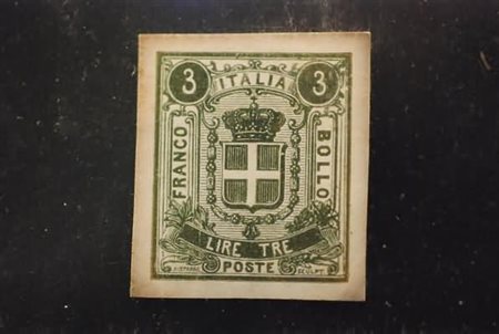 REGNO D'ITALIA - 1862, Saggi Sparre, 3 lire verde su carta gessata al recto...