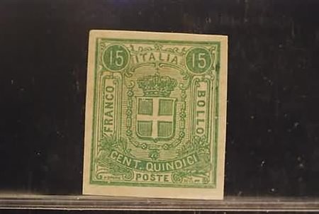 REGNO D'ITALIA - 1862, Saggi Sparre, 15 c. verde su carta bianco-giallastra...