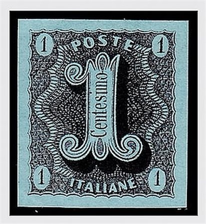 REGNO D'ITALIA - 1863, Saggi Ronchi, 1 c. nero su carta turchese (Cat. Rossi...