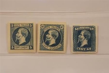 REGNO D'ITALIA - 1863, Saggi Ronchi, 3 valori (5 c., 40 c., 60 c.) in azzurro...