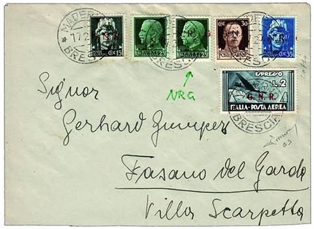 REPUBBLICA SOCIALE ITALIANA - 1943, GNR Brescia, 6 valori, 2 con varietà, su...
