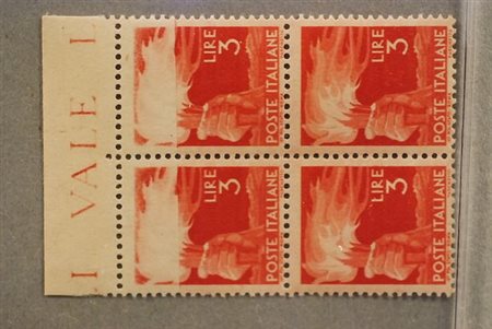 REPUBBLICA ITALIANA - 1945, Democratica 3 lire (553) quartina di cui i 2...