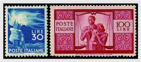 REPUBBLICA ITALIANA - 1945-48, Democratica, i due alti valori, 30 e 100 lire...