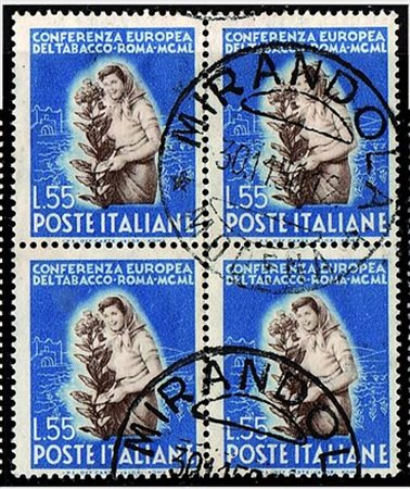 REPUBBLICA ITALIANA - 1950, Tabacco, 3 valori cpl. (629/31) blocco di...