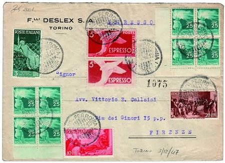 REPUBBLICA ITALIANA - 1947, Espressi, 5 lire, coppia verticale di cui uno con...