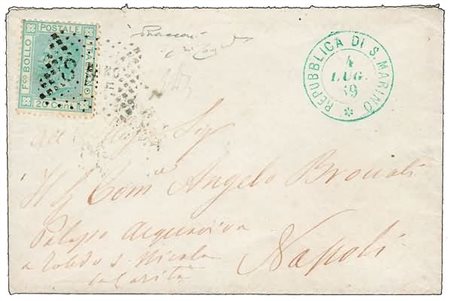 SAN MARINO - 1869, Precursori, 20 c. celeste chiaro (F11L) su bustina diretta...