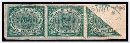 SAN MARINO - 1877, Cifra 2 c. verde (1) striscia orizzontale di 3, uno...