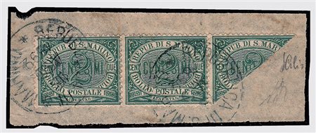 SAN MARINO - 1877, Stemma 2 c. verde (1) striscia orizzontale di 3 di cui...