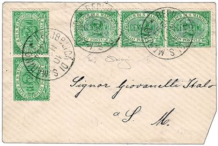 SAN MARINO - 1894, Cifra 2 c. verde (1) coppia + striacia di 3 su bustina per...
