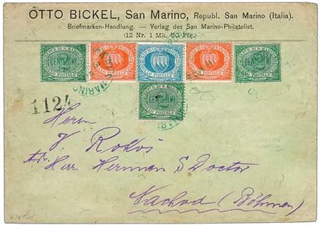 SAN MARINO - 1892, Cifre o stemma, 2 c. (1) 3 esemplari + 5 c. giallo (2) 2...
