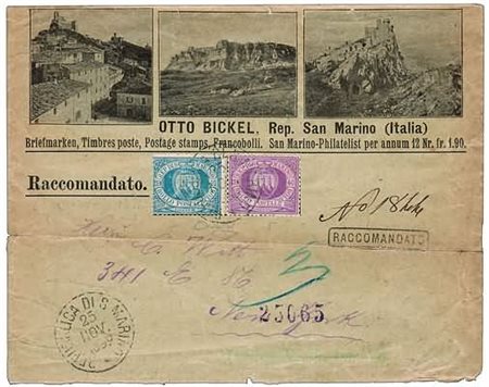SAN MARINO - 1892, Stemma 10 c. azzurro + 40 c. lilla scuro (3A+7) su...