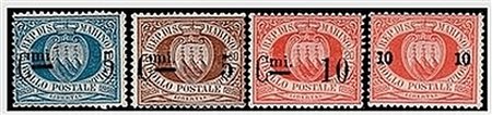 SAN MARINO - 1892, Stemma soprastampati, 4 valori cpl. (8/11). (Cert....