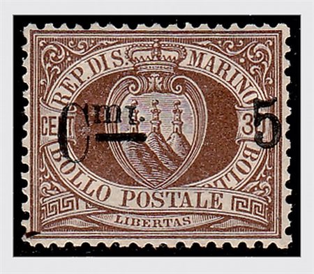 SAN MARINO - 1892, Stemma 5 su 30 c., varietà "i" capovolta (9o) ben...