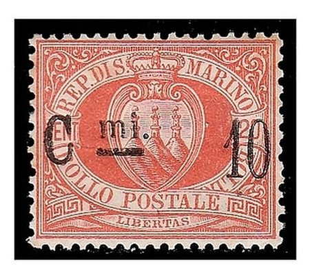 SAN MARINO - 1892, 10 c. su 20 c con varietà "C" distante da "mi" (10u), ben...