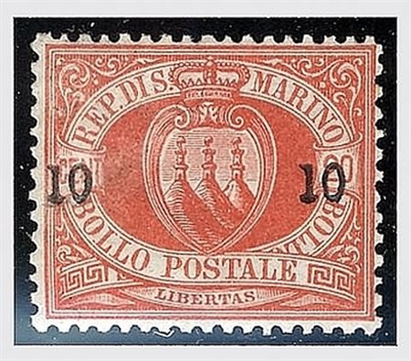SAN MARINO - 1892, Stemma soprastampato, 10 (c) su 20 c. rosso (11) fresco e...