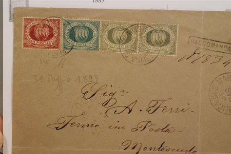 SAN MARINO - 1899, Stemma 25 c. lacca (5) + 5 c. verde olivastro (13) coppia...