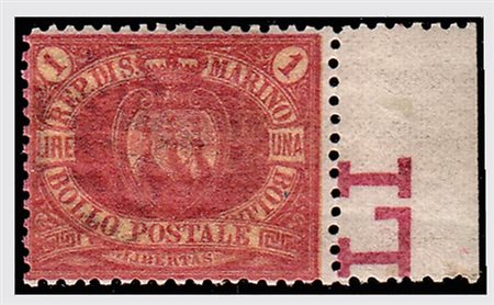 SAN MARINO - 1892, Stemma, 1 lira carminio su giallo (20), bordo a destra,...