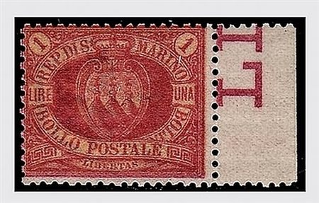 SAN MARINO - 1892, Stemma, 1 lira carminio su giallo (20) bordo a destra....