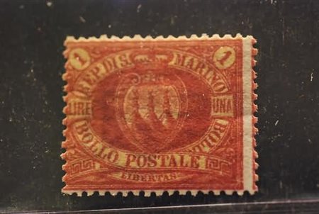 SAN MARINO - 1892, Stemma, 1 lira carminio su giallo (20). (Cert....