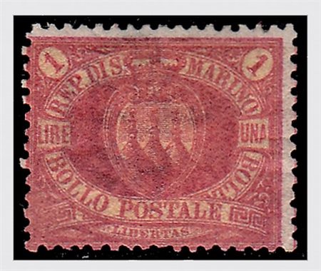 SAN MARINO - 1892, Stemma, 1 lira carminio su giallo (20). (Cert. E....