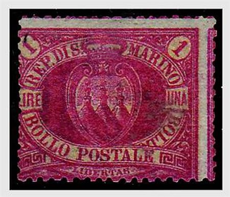 SAN MARINO - 1892, Stemma, 1 lira carminio su giallo (20) traccia non...