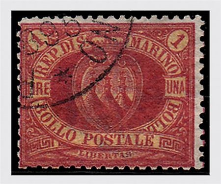 SAN MARINO - 1892, Stemma, 1 lira carminio su giallo (20). (Em. Diena, Cert....