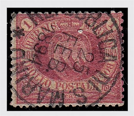 SAN MARINO - 1892, Stemma, 1 lira carminio su giallo (20). (Cert. G. Oliva....