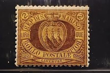 SAN MARINO - 1894, 2 lire bruno su arancio (21). (Cert. Bolaffi).(GOMMA INTEGRA)