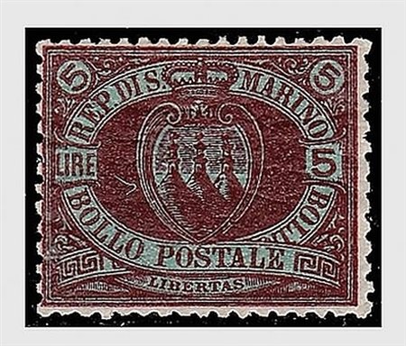 SAN MARINO - 1894, Stemma 5 lire carminio su verde (22) ben centrato. (Cert....