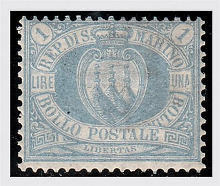 SAN MARINO - 1894, Stemma, 1 lira oltremare (31) discreta centratura. (Em....