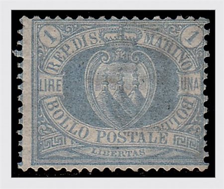 SAN MARINO - 1894, Stemma, 1 lira oltremare (31). (Cert. Raybaudi. Cert....