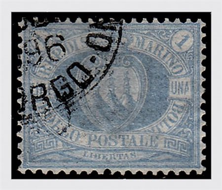 SAN MARINO - 1894, Stemma,1 lira oltremare (31) centrato. (A. Diena, Cert. G....