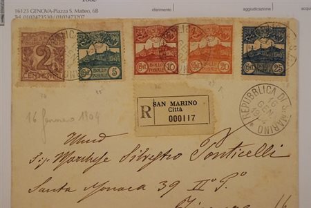 SAN MARINO - 1904, Veduta 5 valori (34/38) su raccomandata per Firenze,...
