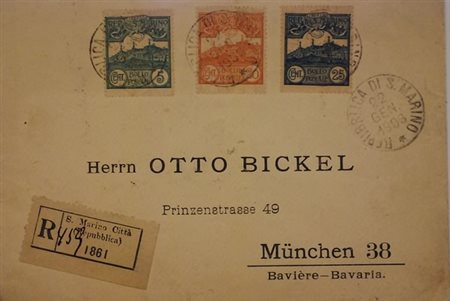 SAN MARINO - 1906, Veduta 5 c. + 20 c. + 25 c. (35+37+38) su raccomandata per...