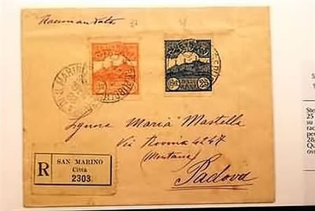 SAN MARINO - 1905, Stemma 20 c. + 25 c. (37+38) su raccomandata per Padova,...