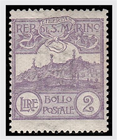 SAN MARINO - 1903, Veduta, 2 lire violetto (44) ben centrato. (Cert. E....