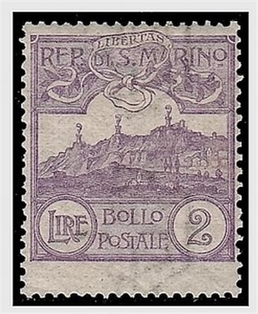 SAN MARINO - 1903, Veduta 2 lire violetto (44). (Cert. R. Diena).(GOMMA INTEGRA)