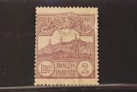 SAN MARINO - 1903, Veduta 2 lire violetto (44), rigommato.(SENZA GOMMA)