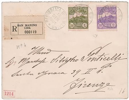 SAN MARINO - 1903, Veduta 1 lira + 2 lire (43+44) su raccomandata per...