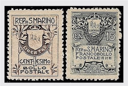SAN MARINO - 1910, Stemma, 2 valori cpl. su carta con fondo giallo (49/50)....