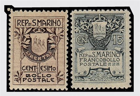 SAN MARINO - 1910, Stemma, 2 valori cpl. fondo giallo (49/50) ben centrati....