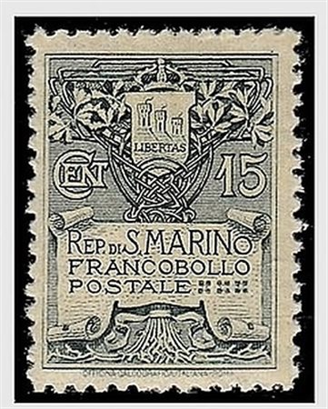 SAN MARINO - 1910, Stemma 15 c. su carta gialla (50).(GOMMA INTEGRA)