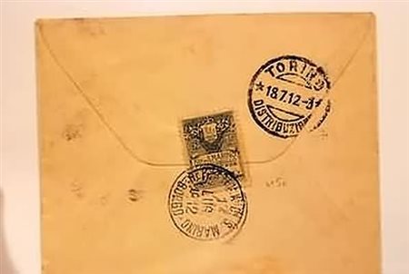 SAN MARINO - 1912, Stemma 15 c. fondo giallo (50) al verso di bustina per...
