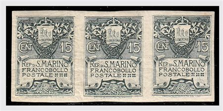 SAN MARINO - 1910, Stemma 15 c. fondo giallo non dentellato (50a) striscia di...