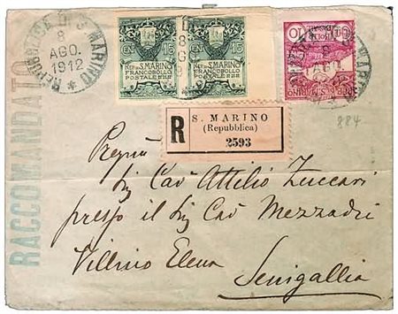 SAN MARINO - 1912, Stemma 15 c. non dentellato (50a) coppia + 10 c. (36)...