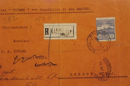 SAN MARINO - 1925, Veduta 5 lire (118) isolato su raccomandata per Londra,...