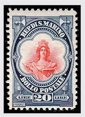 SAN MARINO - 1929, Alto valore da 20 lire azzurro e rosso ((158). (Cert....