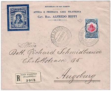 SAN MARINO - 1936, Busto della Libertà, 20 lire (158) isolato su raccomandata...