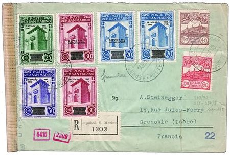 SAN MARINO - 1943, raccomandata diretta a Grenoble il 14/10/43 con...