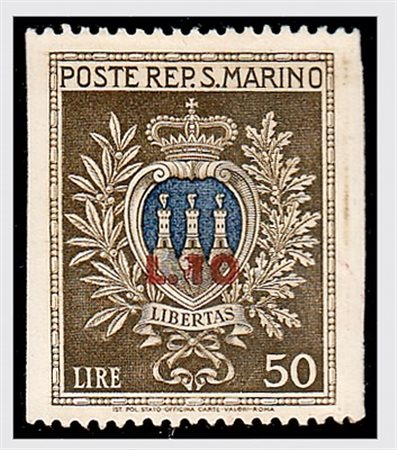 SAN MARINO - 1946, Stemma 10 lire su 50 lire (297) non dentellato...